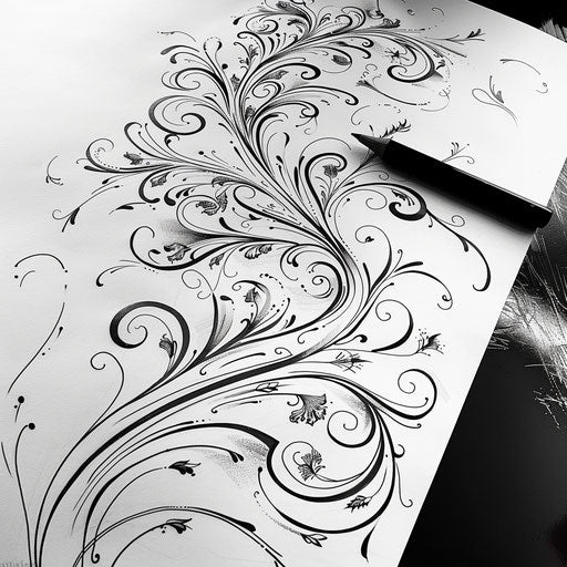 Art nouveau inspired fern tattoo on white paper