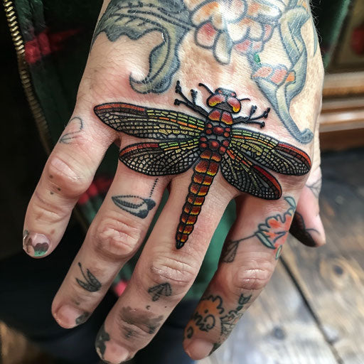 Dragonfly knuckle tattoos, Maria Sibylla Merian style