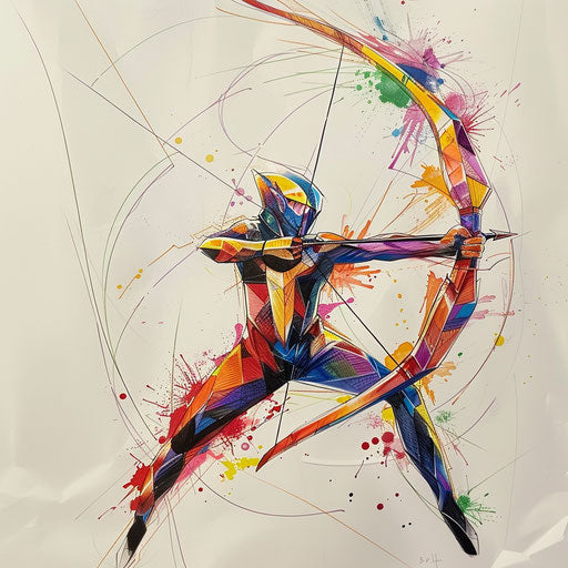 Flat tattoo sketch with Sagittarius theme, archer in mid-action