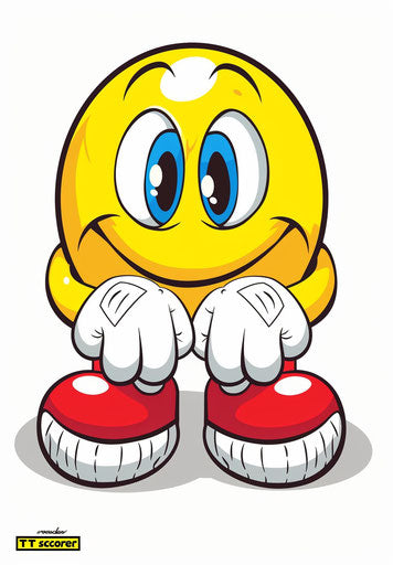 Yellow smiley face with blue eyes, red shoes and white gloves, thinking pose