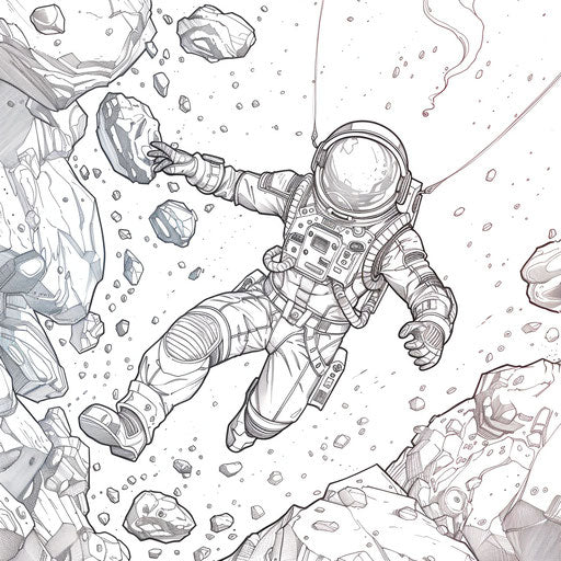 Astronaut in space suit zooming through asteroid field