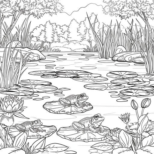 Tranquil pond with lily pads and frogs