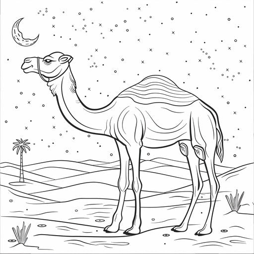 Camel under moonlit desert sky