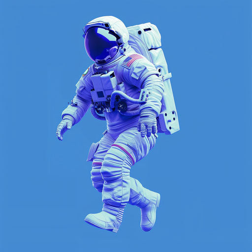 Realistic astronaut on flat royal blue background