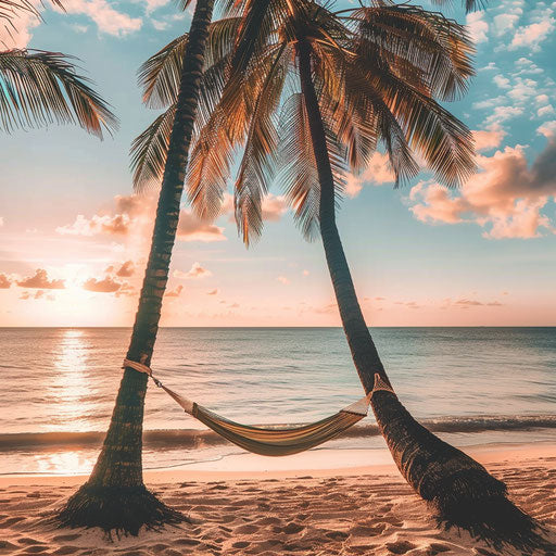 Hammock between two palm trees on tropical beach