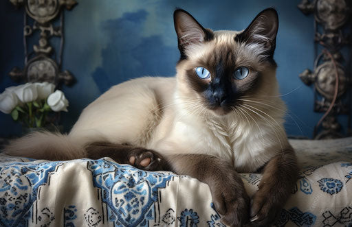 sakina siamese cat in bedroom, beige and blue, exaggerated features