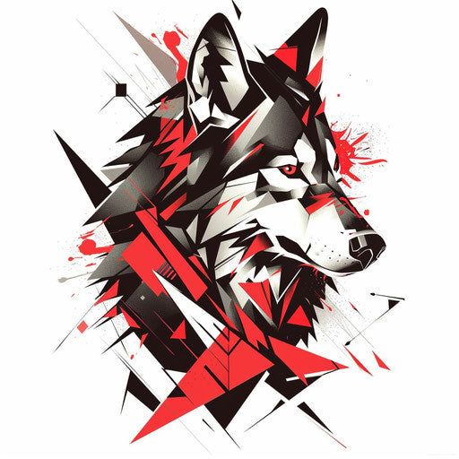 Bold geometric wolf tattoo sketch in red and black
