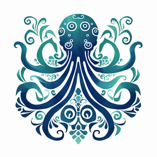 Stylized octopus in blue, green, white in Maori and Celtic art