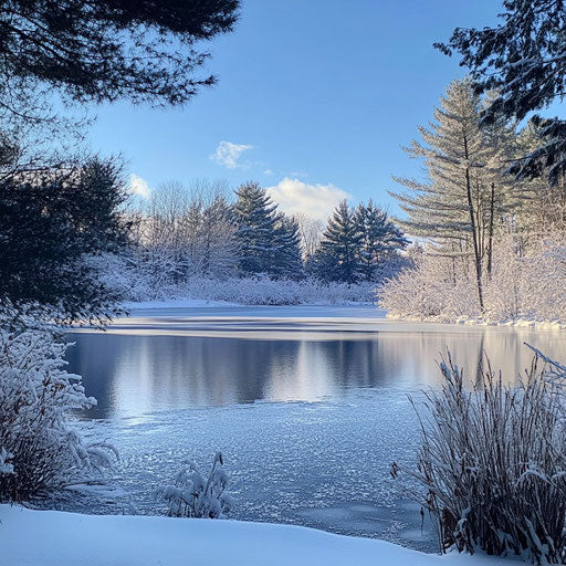 Frozen winter lake with snow-covered trees and blue sky