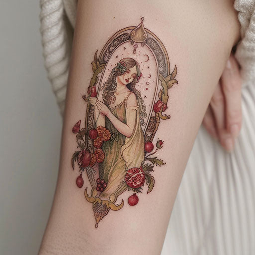 Art nouveau tattoo of Persephone with pomegranates and flowers