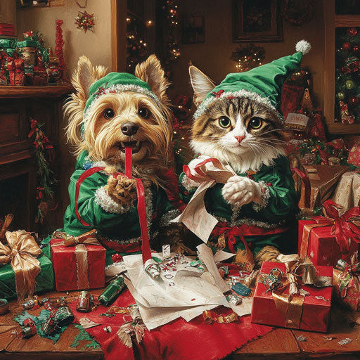 Dog and cat in elf costumes wrapping gifts clumsily