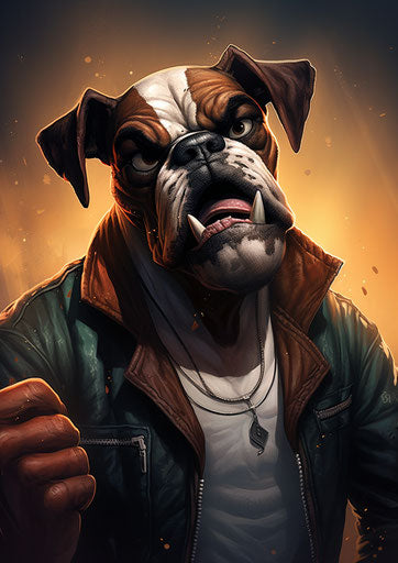Boxer print artwork, in the style of edgy caricatures, steelpunk, caninecore, hd, caricature faces 5:7