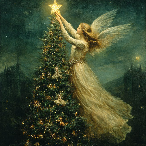 The ethereal angel placing a star on top of a towering Christmas tree