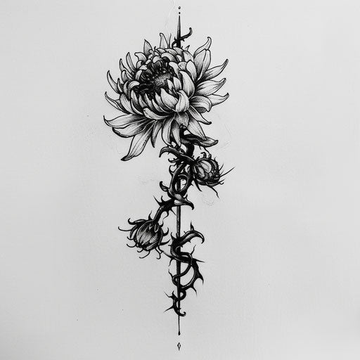 Gothic tattoo sketch of an aster flower with dark vines and thorns in black and grey