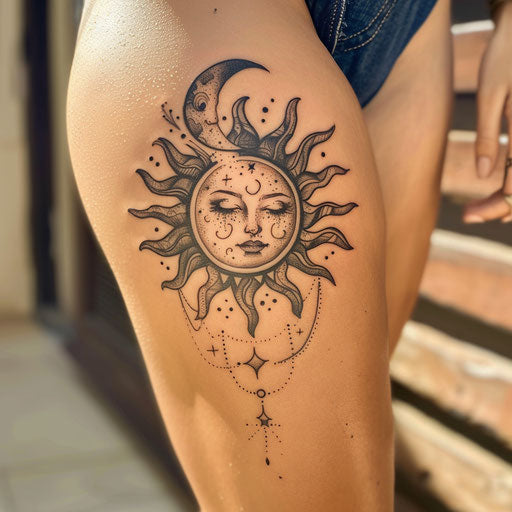 Tribal sun and moon thigh tattoo in the style of Ami James