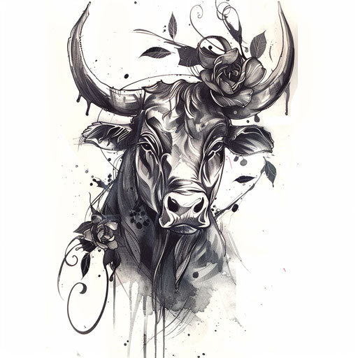 Surreal bull tattoo on white background