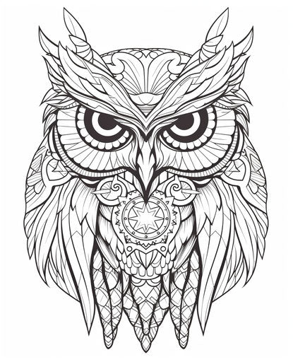 Adult coloring pages, owls and feathers, captivating simplicity