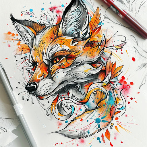 Playful flat tattoo sketch of a kitsune