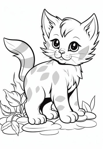 A kitten coloring page in grey, realistic yet stylized, anime-influenced, hinchel or 23:33
