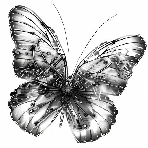 Innovative mechanical butterfly tattoo design with transparent wings and circuit patterns, on a white background.