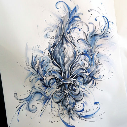 Dynamic sketch of a fleur de lis with swirling wind elements and cool blue tones