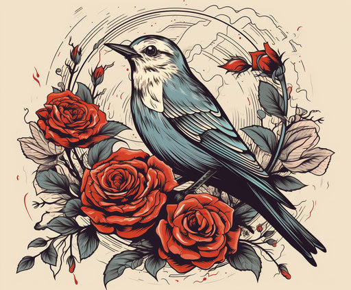 Bird in a tattoo with roses on each side