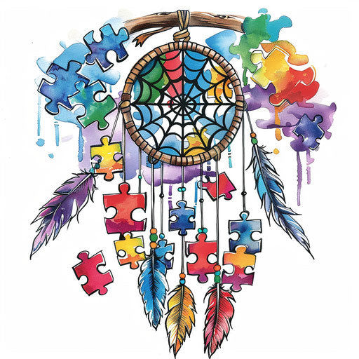 Dreamcatcher weaving autism puzzle symbolic colorful backdrop