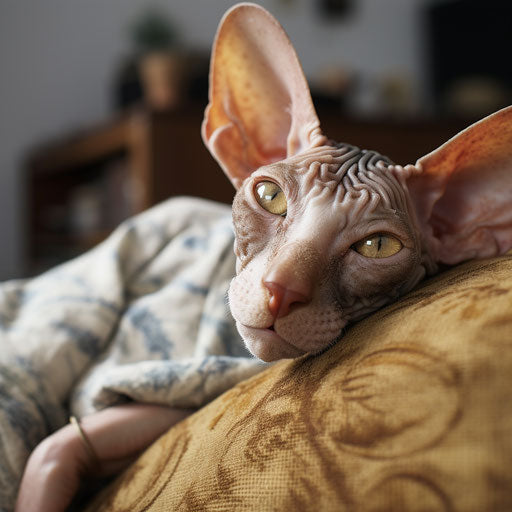 Cornish rex cat sleeping on a couch with its owner