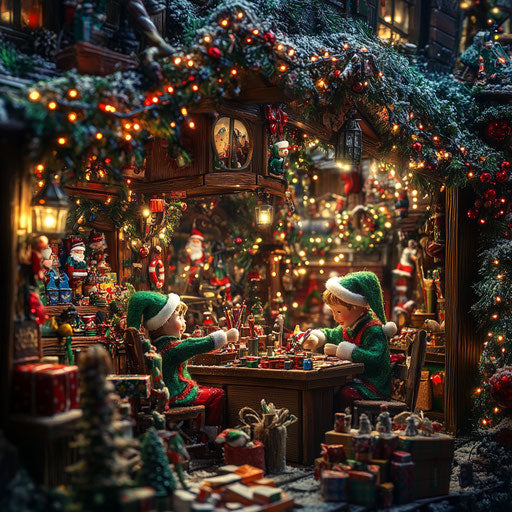 Elves creating toys in Santa's workshop