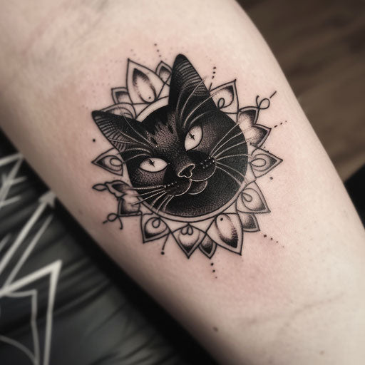 Black cat tattoo in a mandala on a white background
