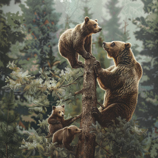 A grizzly bear teaches her cubs to climb a tall pine tree in a dense, green forest.