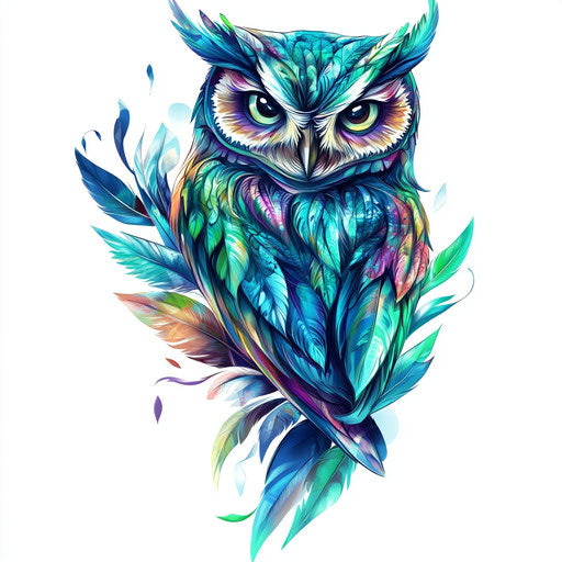 Owl neck tattoo sketch with colorful feathers