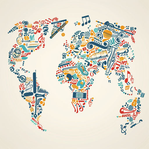 Musical world map with notes and instruments