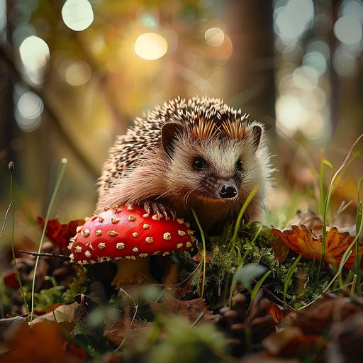 A curious hedgehog behind a mushroom in the forest