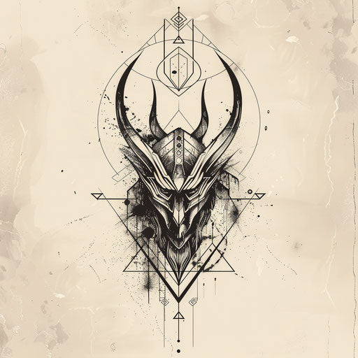 Abstract tattoo sketch blending elements of Norse mythology related to Thor, in a flat, geometric design with sharp black lines