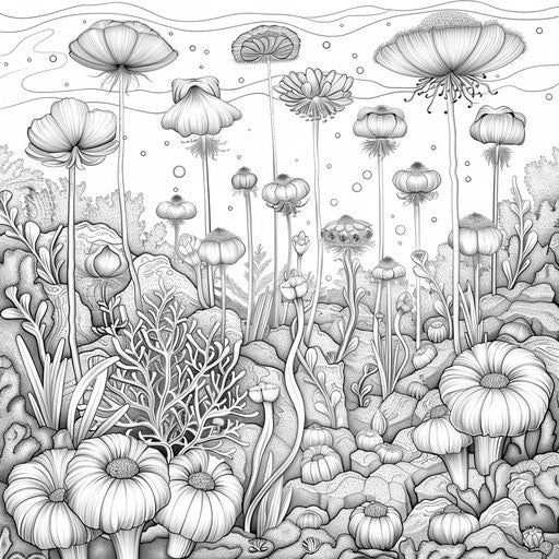 Whimsical underwater scene with sea anemones and corals. Coloring book page