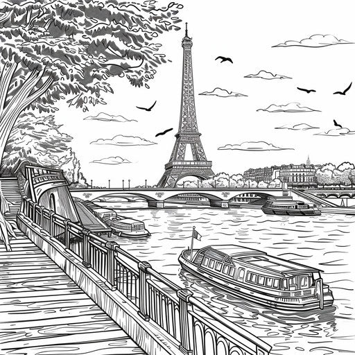 Eiffel Tower view from Seine River with boats and water textures
