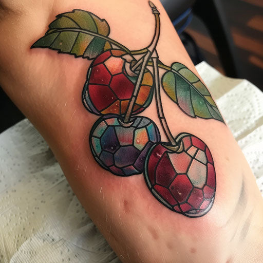 Cherry tattoo in stained glass style with colorful fruit