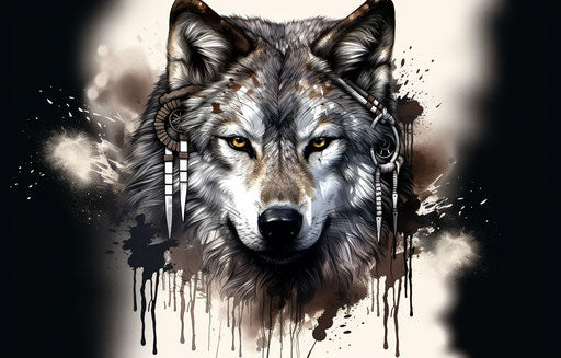 Wolf tattoo with indian head, dark black and silver style, speedpainting