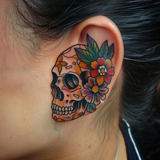 Ear tattoos in the style of Ed Hardy with skulls and flowers