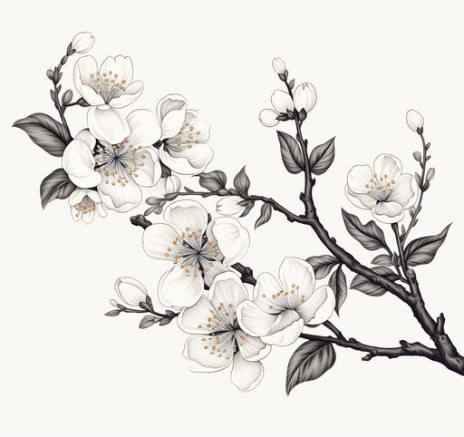Flowering branch in black and white, pretty painted style