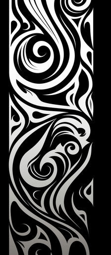 Black and white tribal design with swirls, powerful gestural style