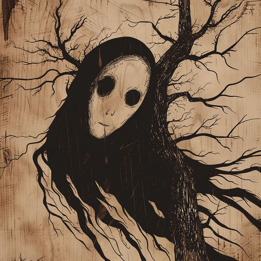 Rustic flat tattoo sketch of No-Face in vintage woodcut style