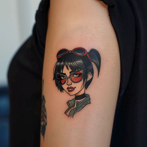 Small tattoo with a comic book character, in the style of Humberto Ramos