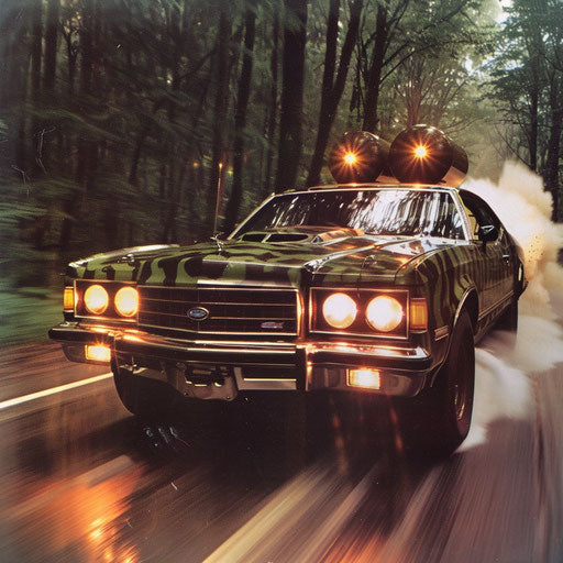 1976 Malibu Classic in military theme, camouflage paint and mounted lights, in convoy