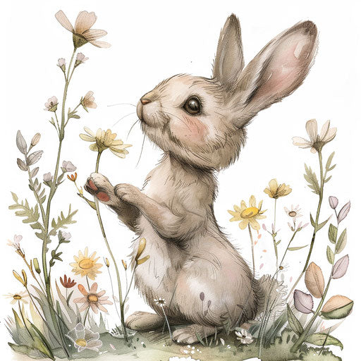 Sweet cartoon bunny hopping among pastel flowers on white canvas