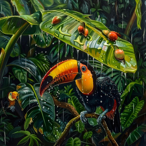 Toucan drinks rain in the jungle