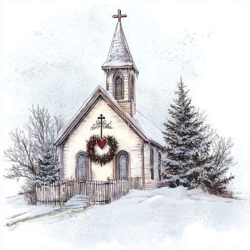 Heart and cross on snow-covered country church