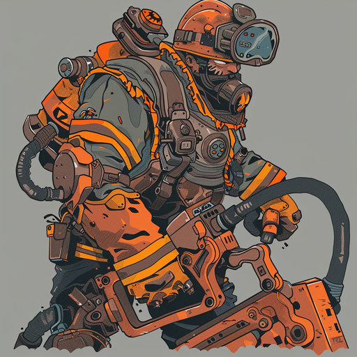 Firefighter with heavy machinery, industrial clipart style