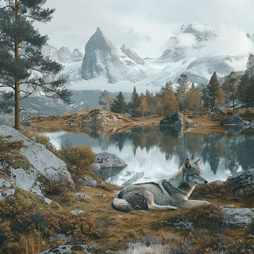 Wolf resting by a tranquil mountain lake